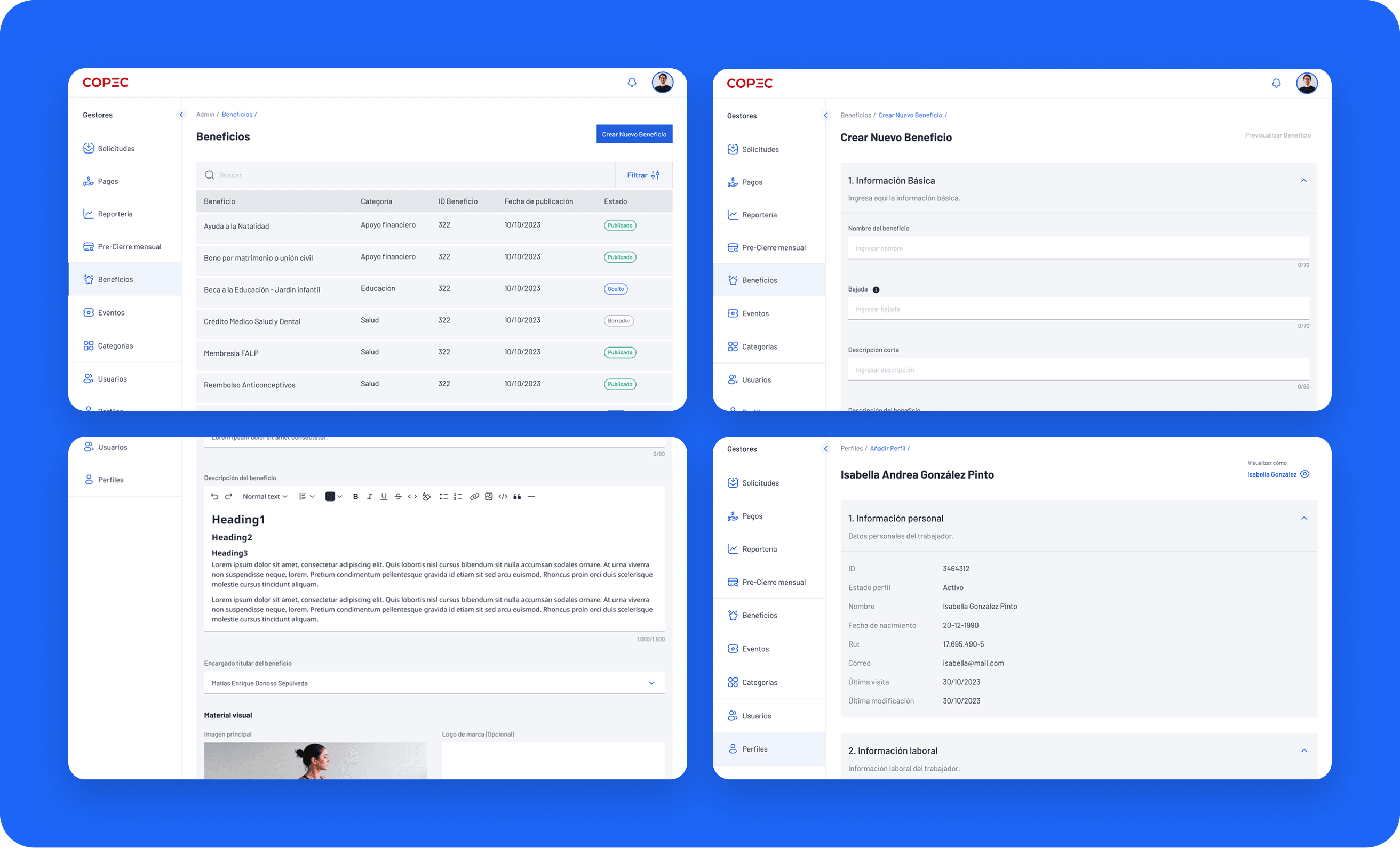 Copec admin platform: benefits list, create new benefit, benefit description editor, and employee profile