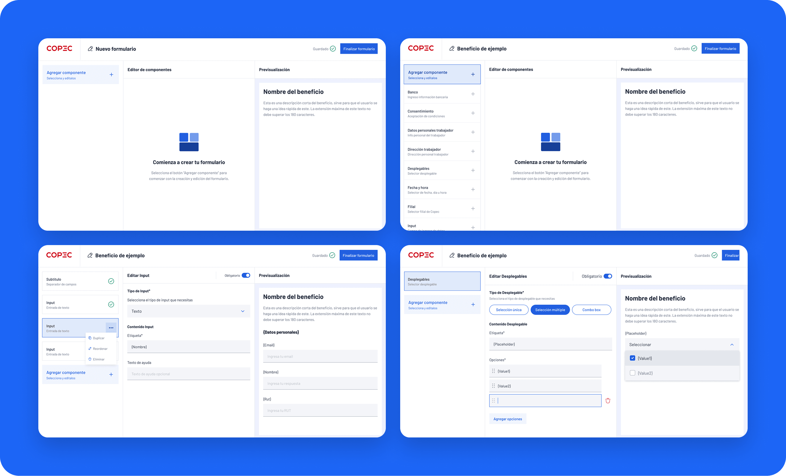 Copec admin platform: dynamic form builder with component editor and live preview