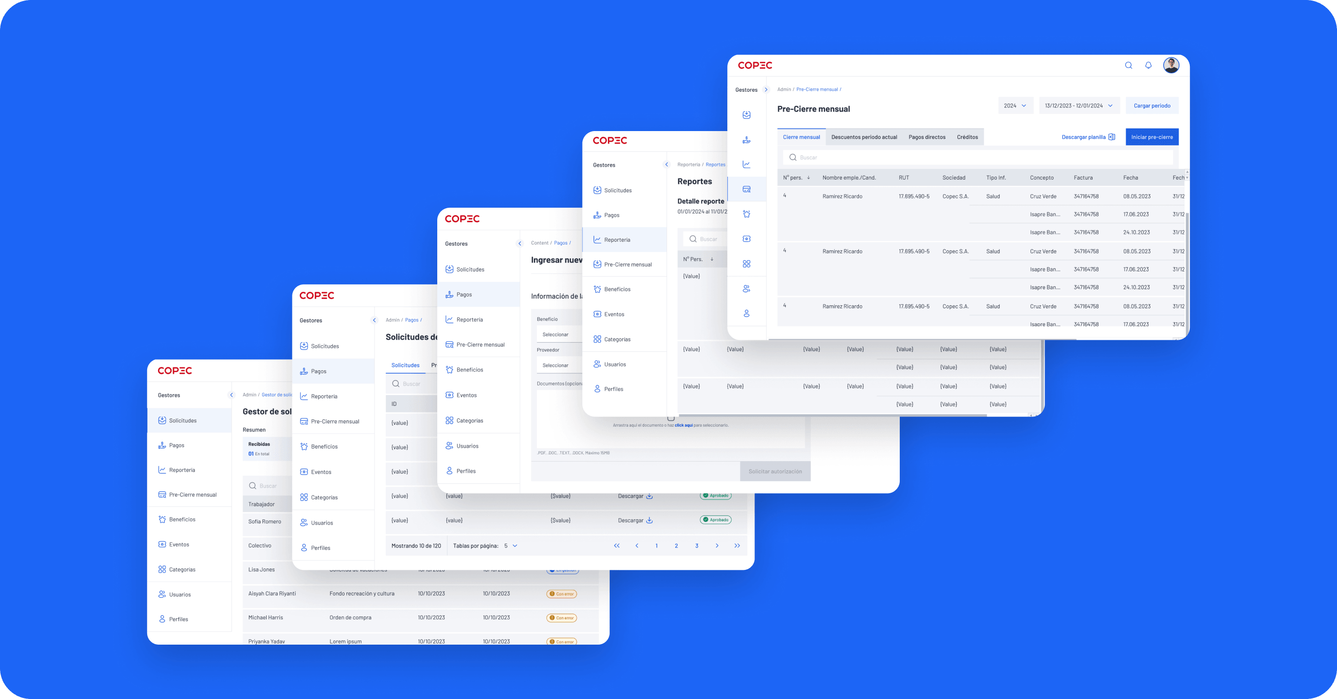 Copec admin platform: requests manager, payments, reporting, and monthly pre-closing screens