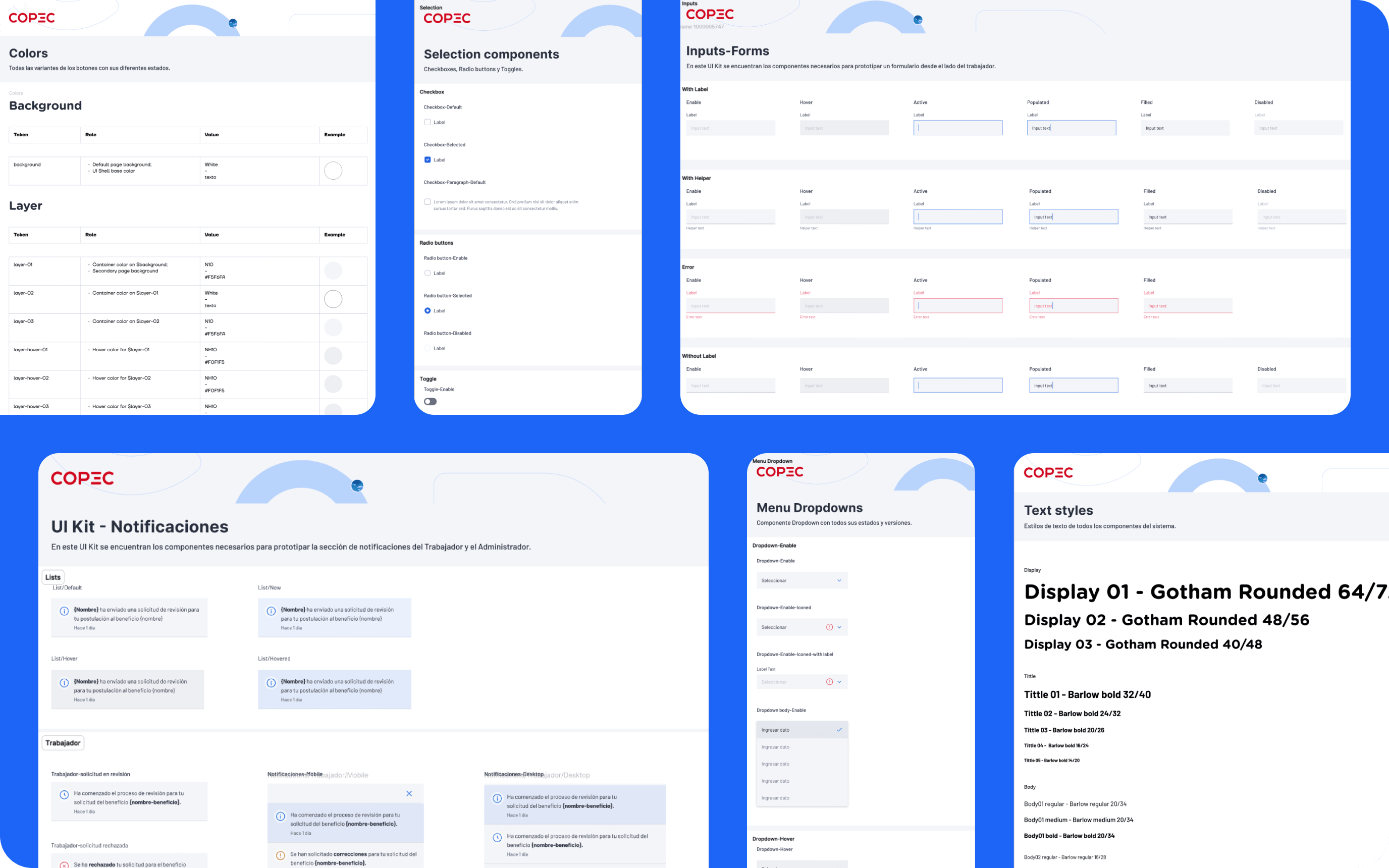 Copec design system UI kit: colors, selection components, inputs, notifications, dropdowns, and text styles