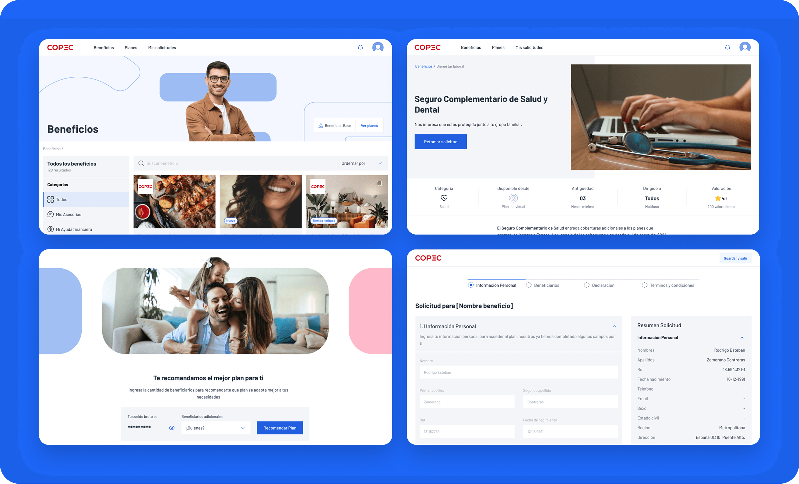 Copec worker platform: benefits homepage, insurance detail, plan recommendation, and request form