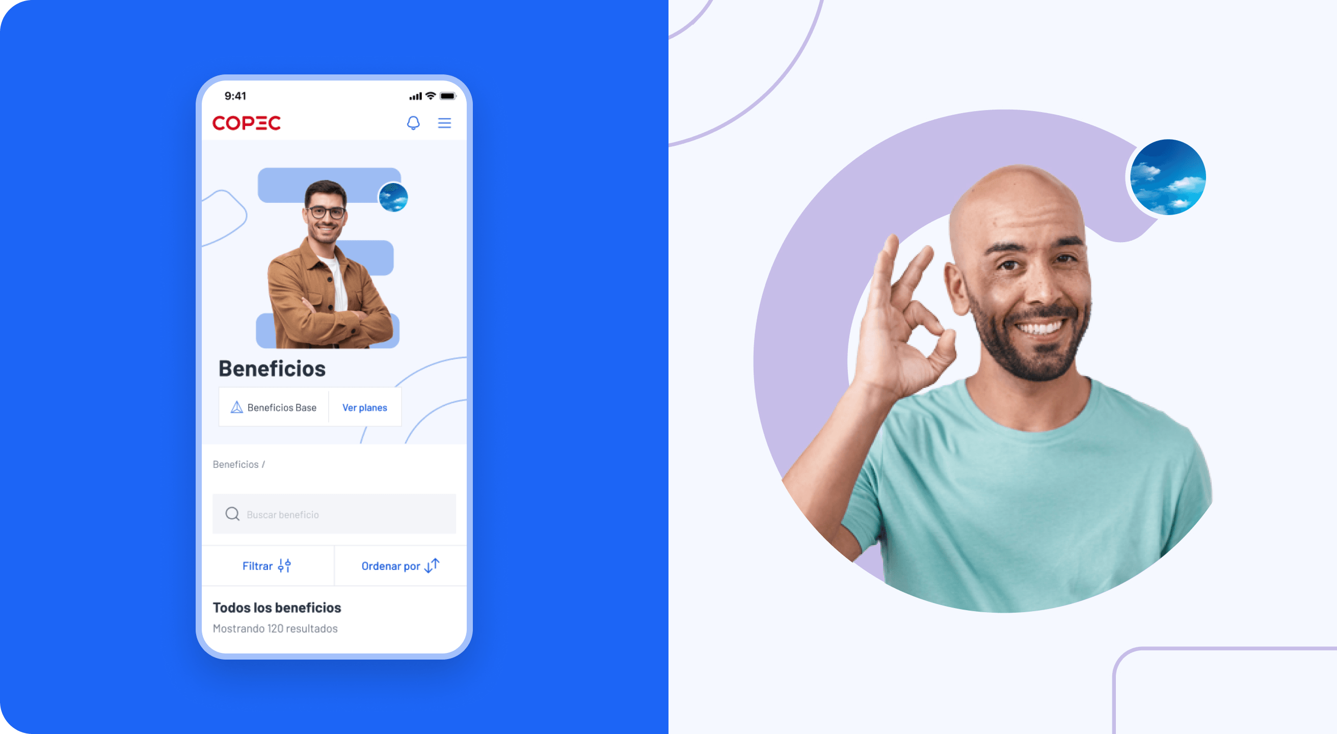 Copec worker platform: benefits phone screen alongside a confident employee photo
