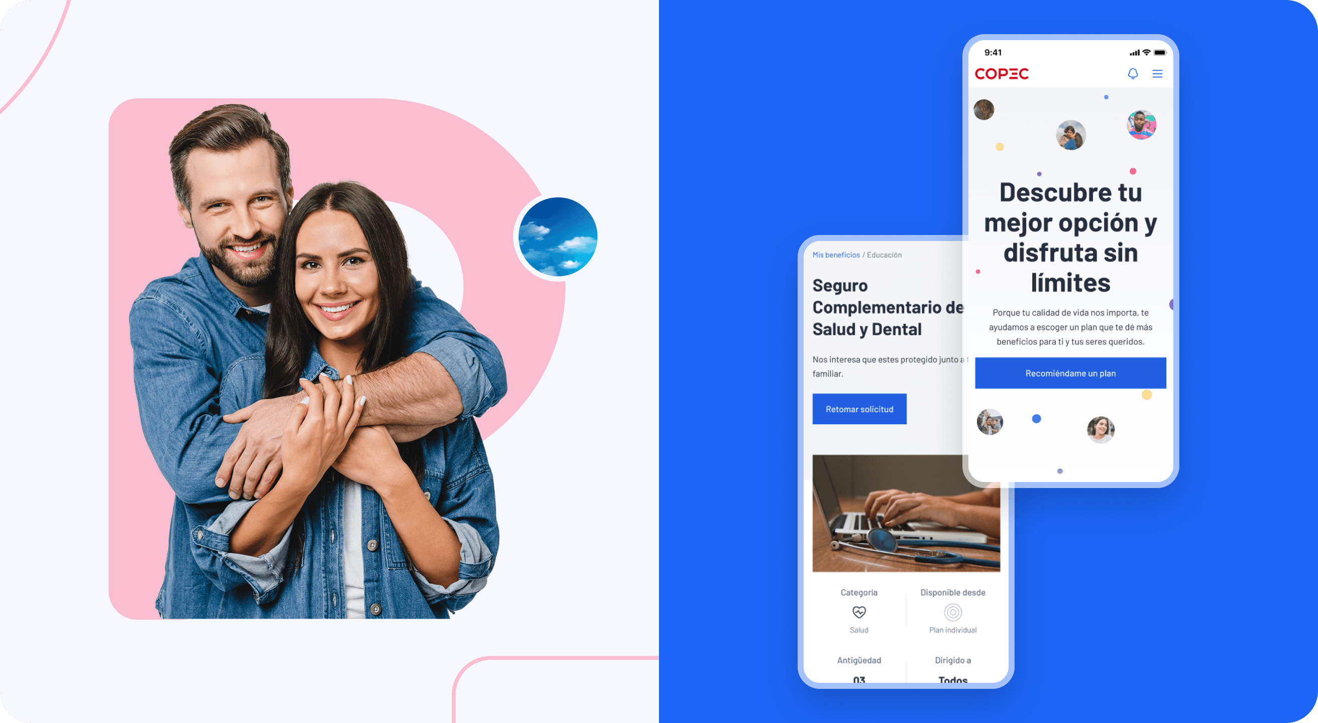 Copec worker platform: employee couple photo alongside insurance detail and benefits recommendation screens