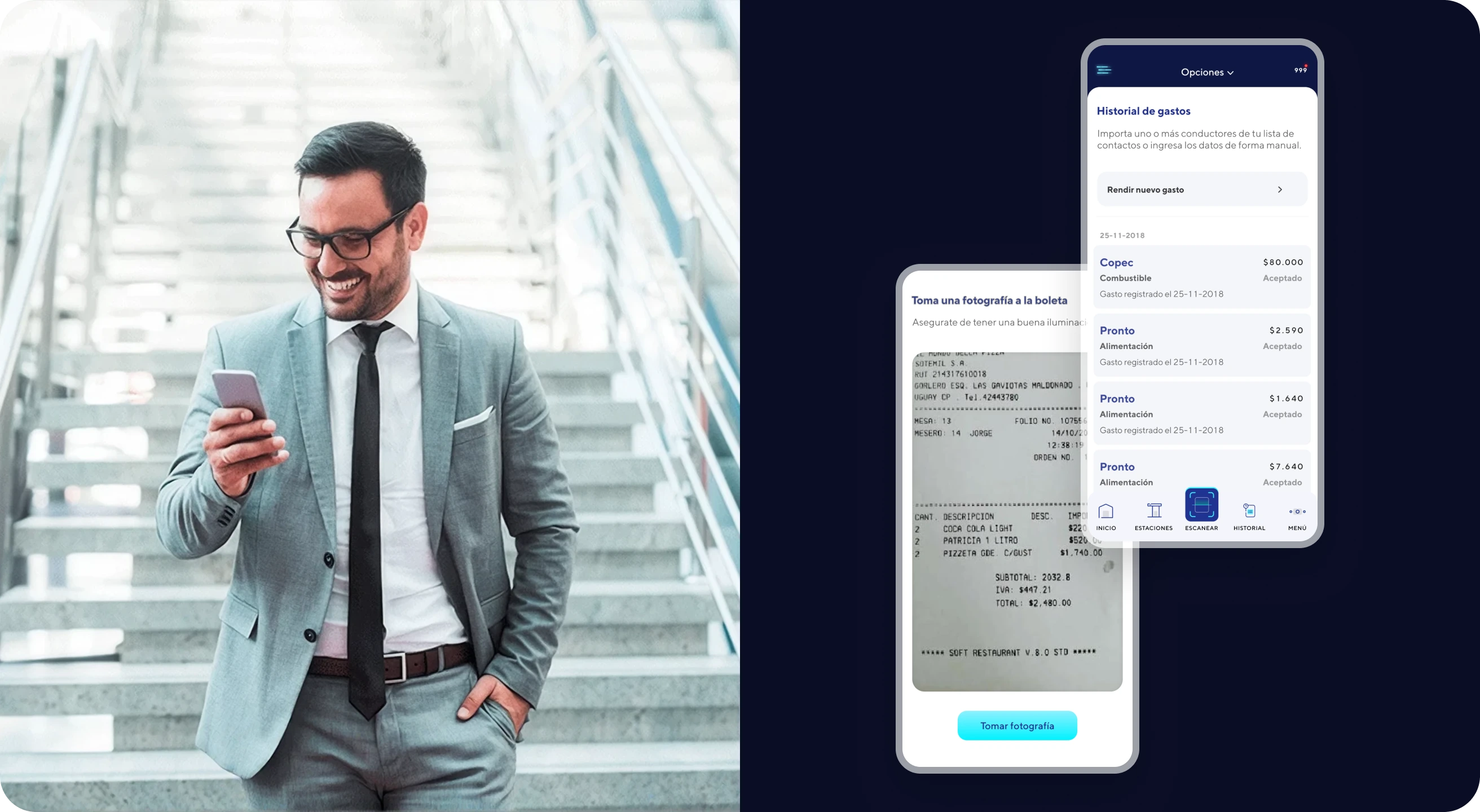 A businessman checking his phone next to the app's expense history and receipt capture screens