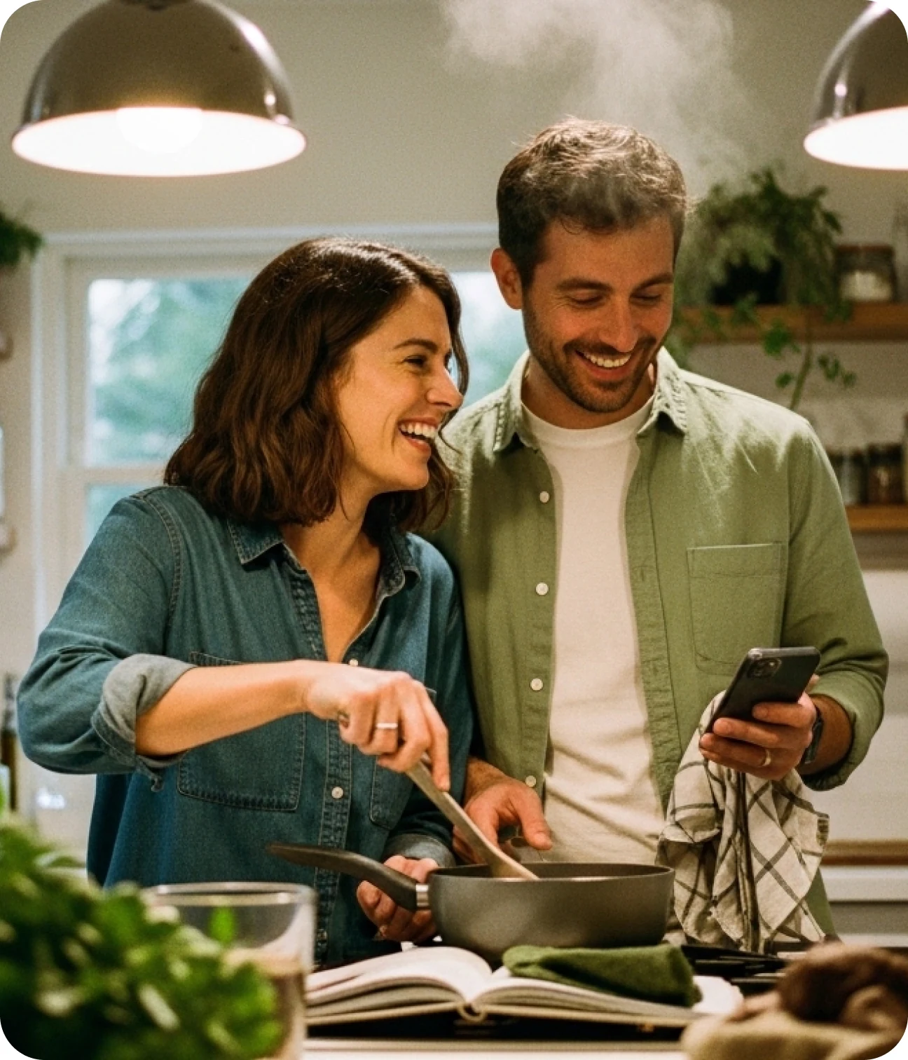 A couple cooking in their kitchen while checking a phone