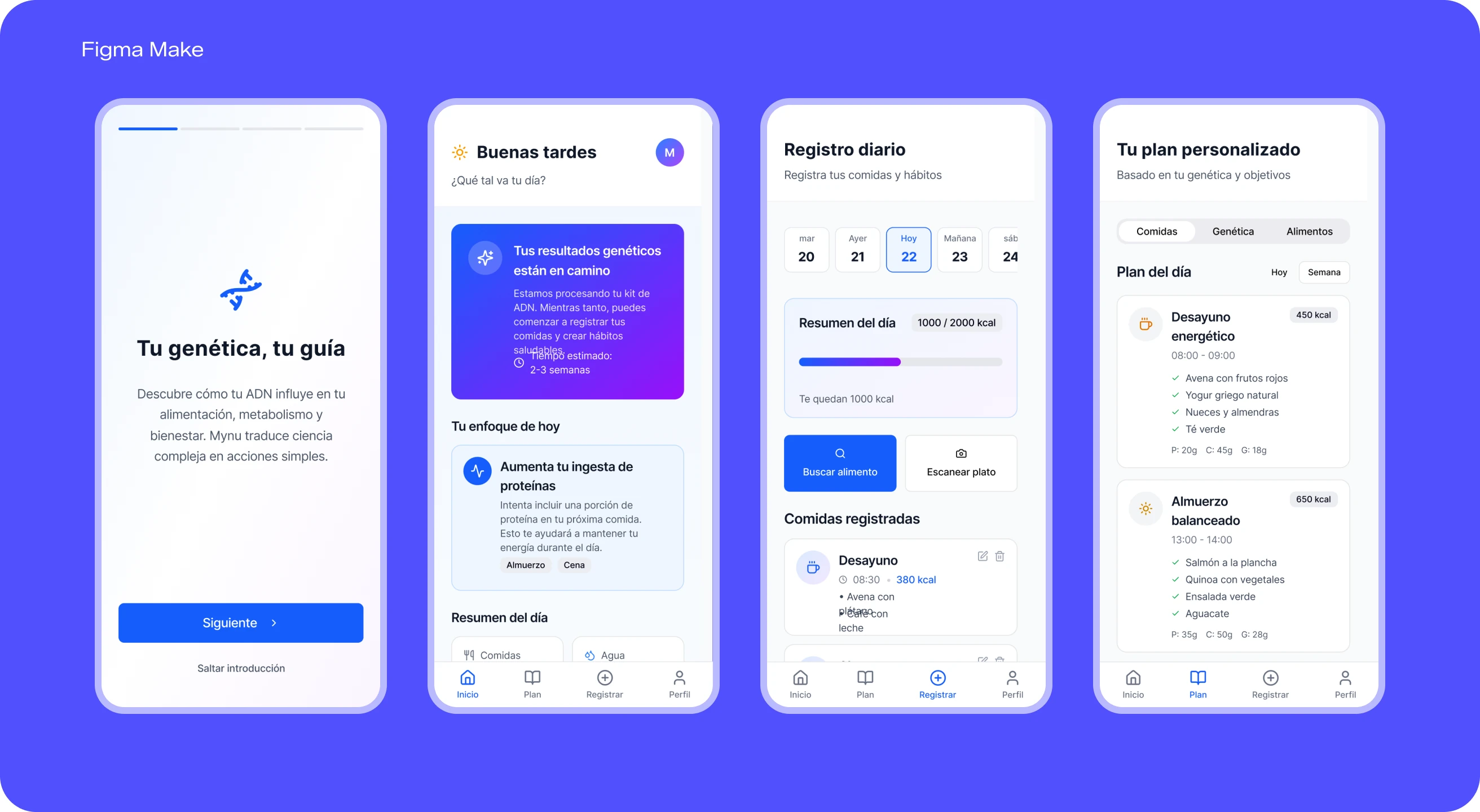 Four app screens generated with Figma Make: welcome, home, daily log, and personalized plan