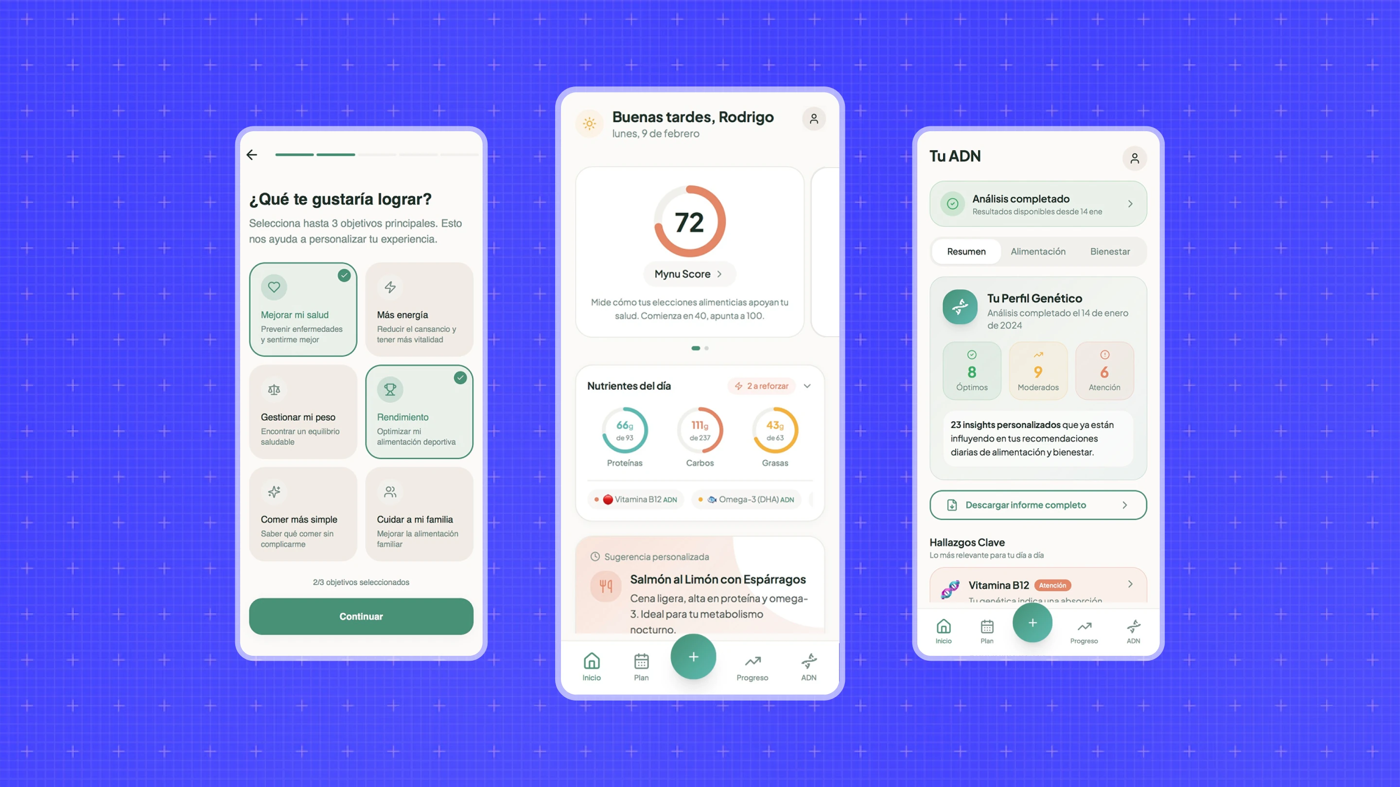 Mynu app screens: goal selection, home, and DNA results
