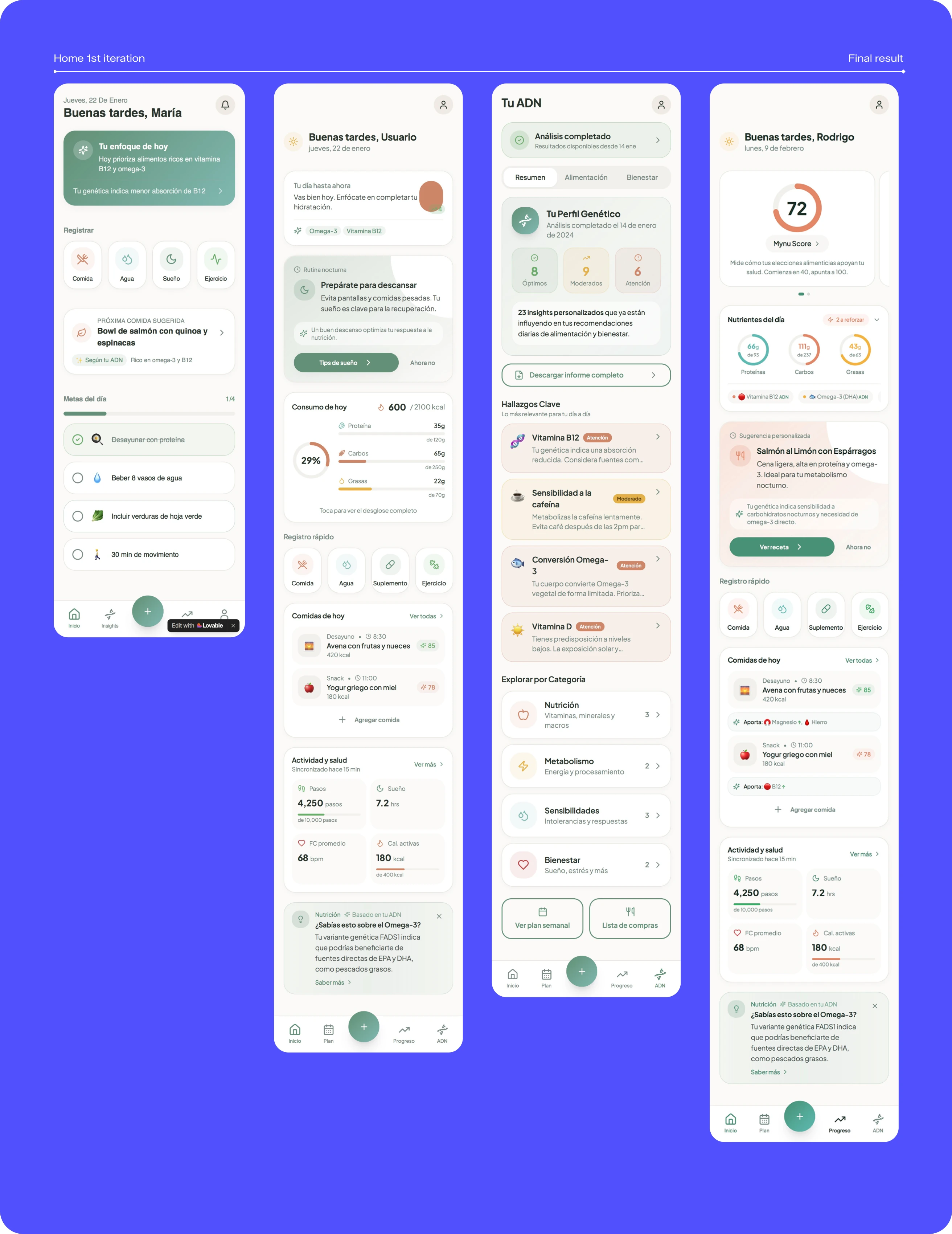 The home screen across iterations, from the first version generated with Lovable to the final result with the Mynu Score