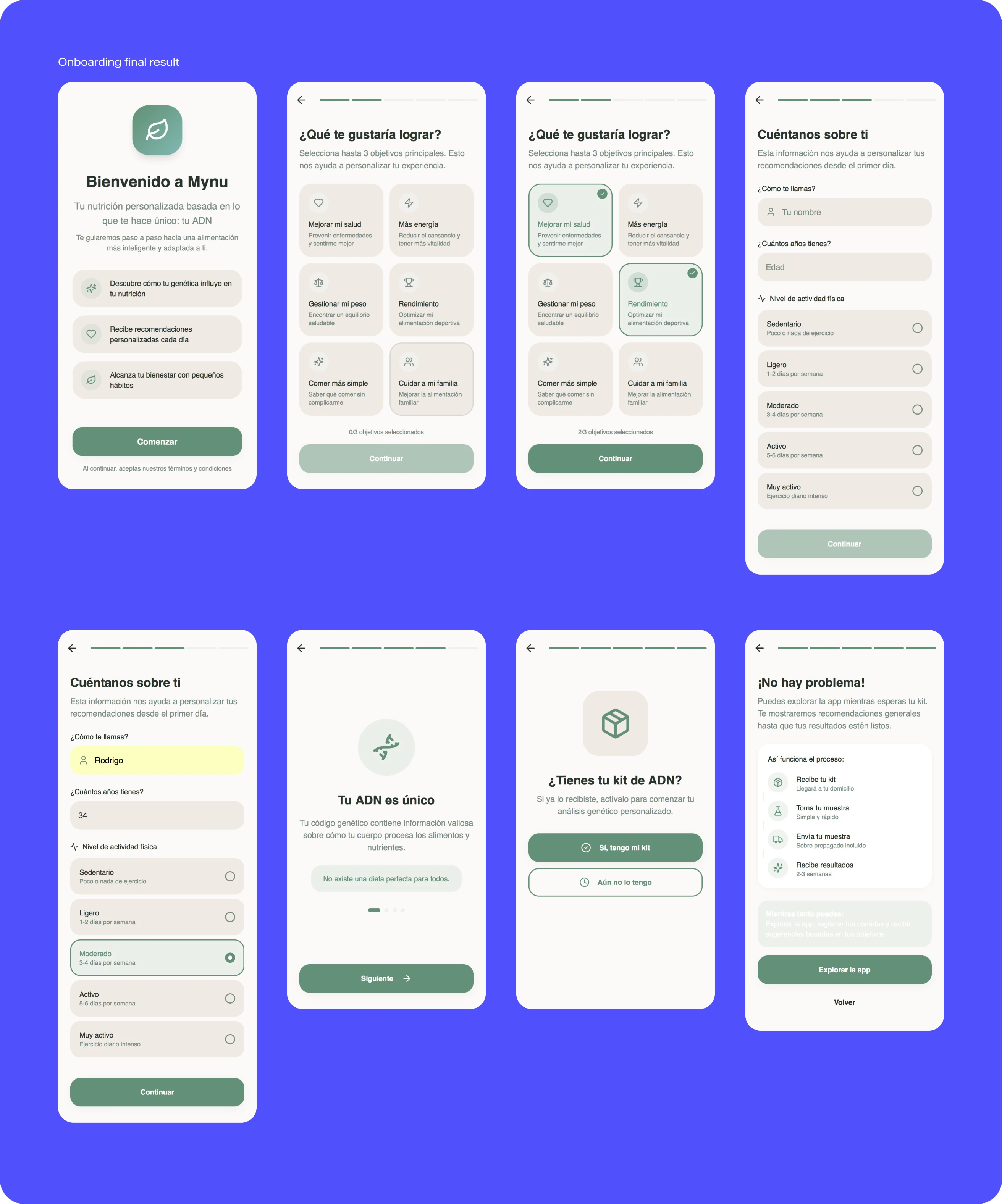 The final onboarding: welcome, goal selection, personal data, DNA explainer, kit activation, and what happens while waiting for results