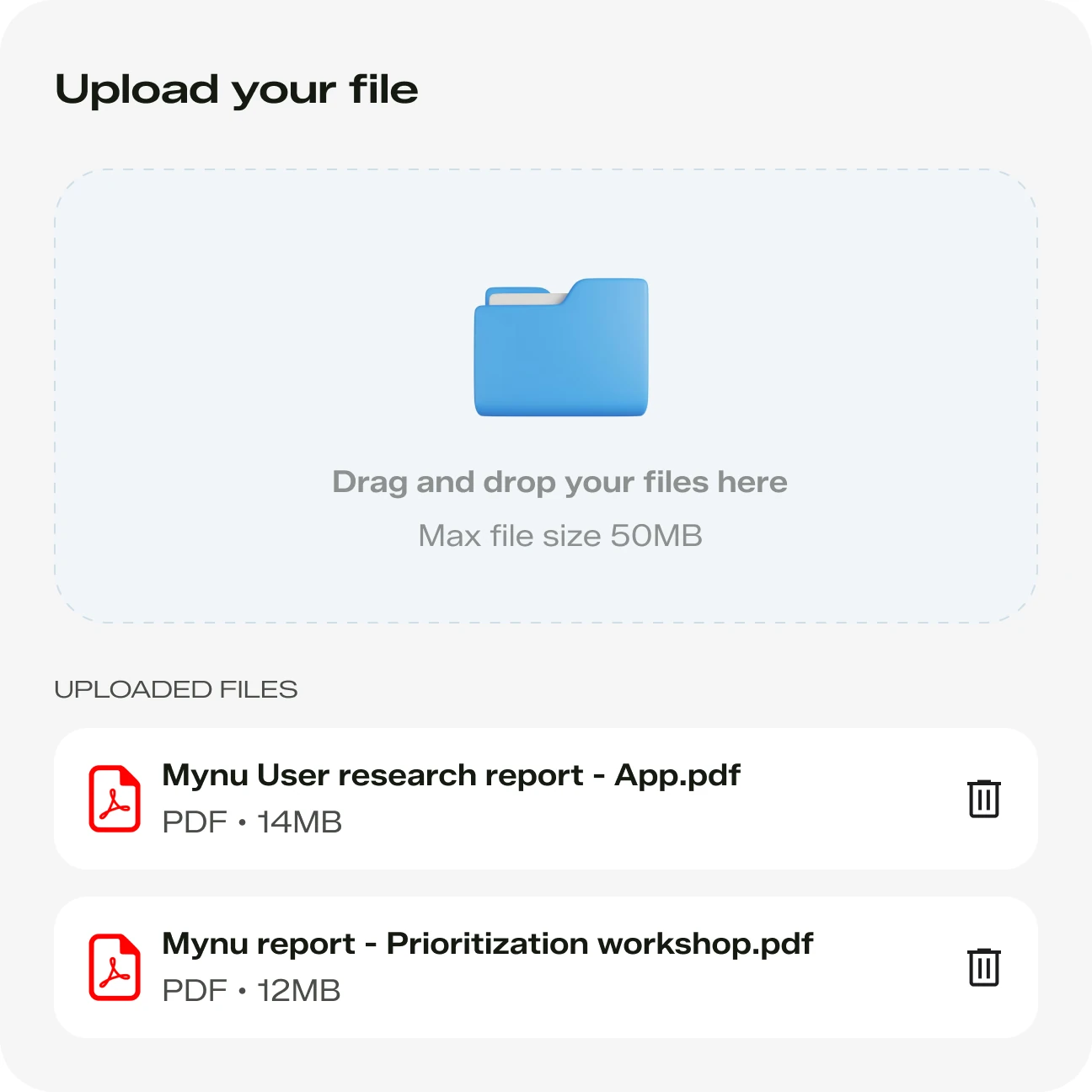 Uploading the two research reports to the agent: the Mynu user research report and the prioritization workshop report