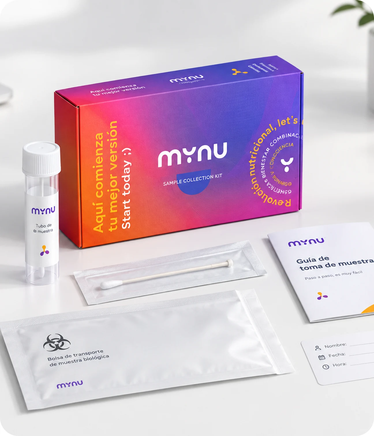 The Mynu sample collection kit: box, tube, swab, and instruction guide