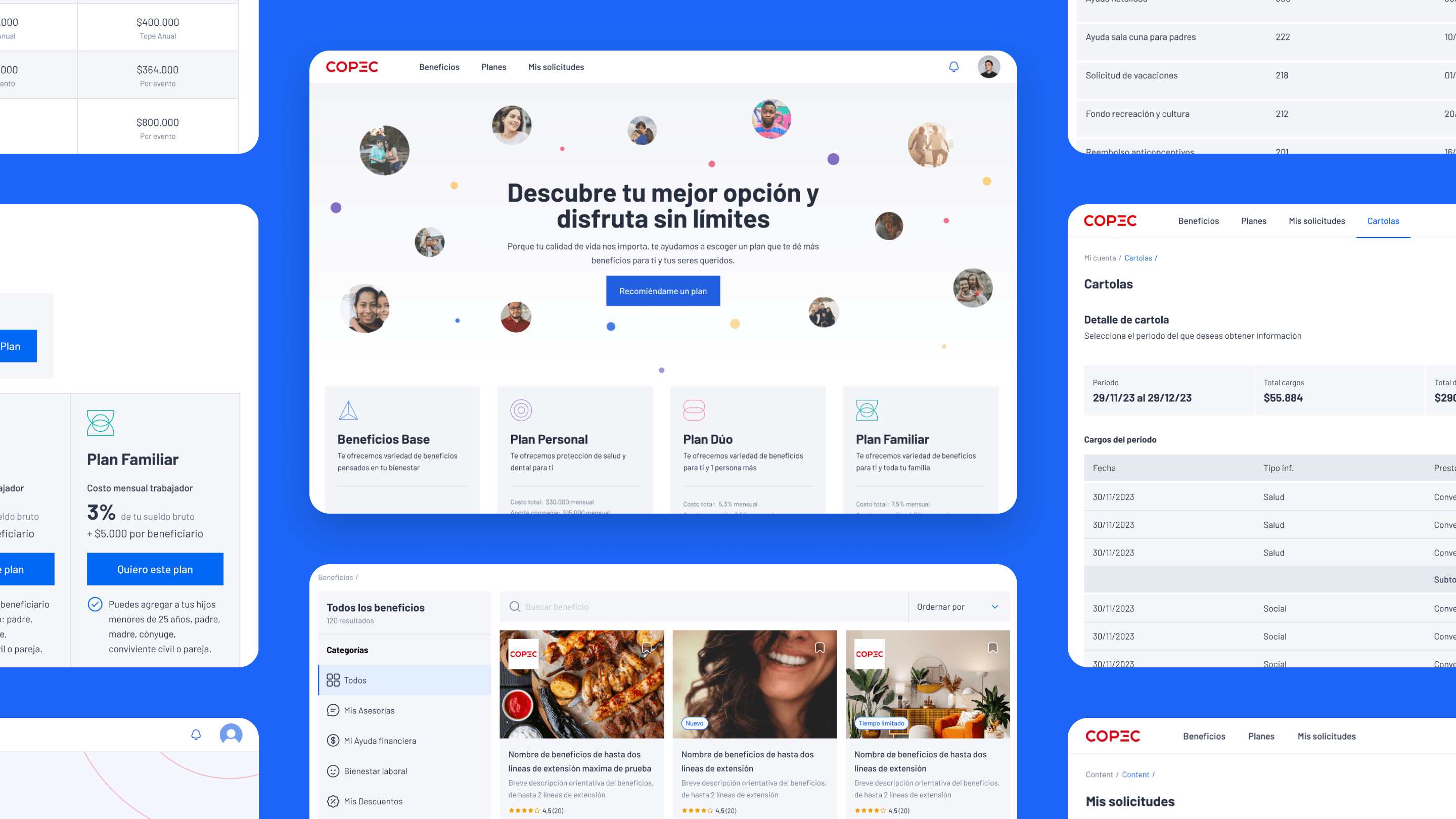 Copec HR platform — benefits discovery, plan selection, and account screens
