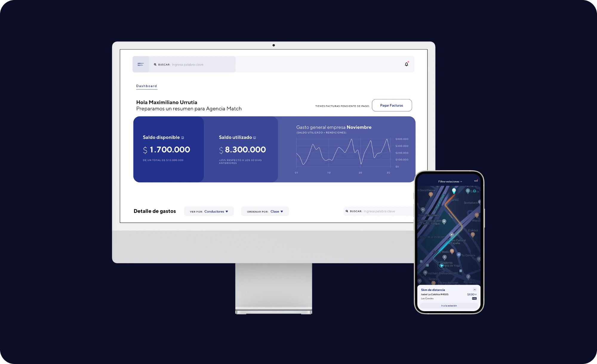 Web dashboard on a desktop and the stations map on a mobile phone