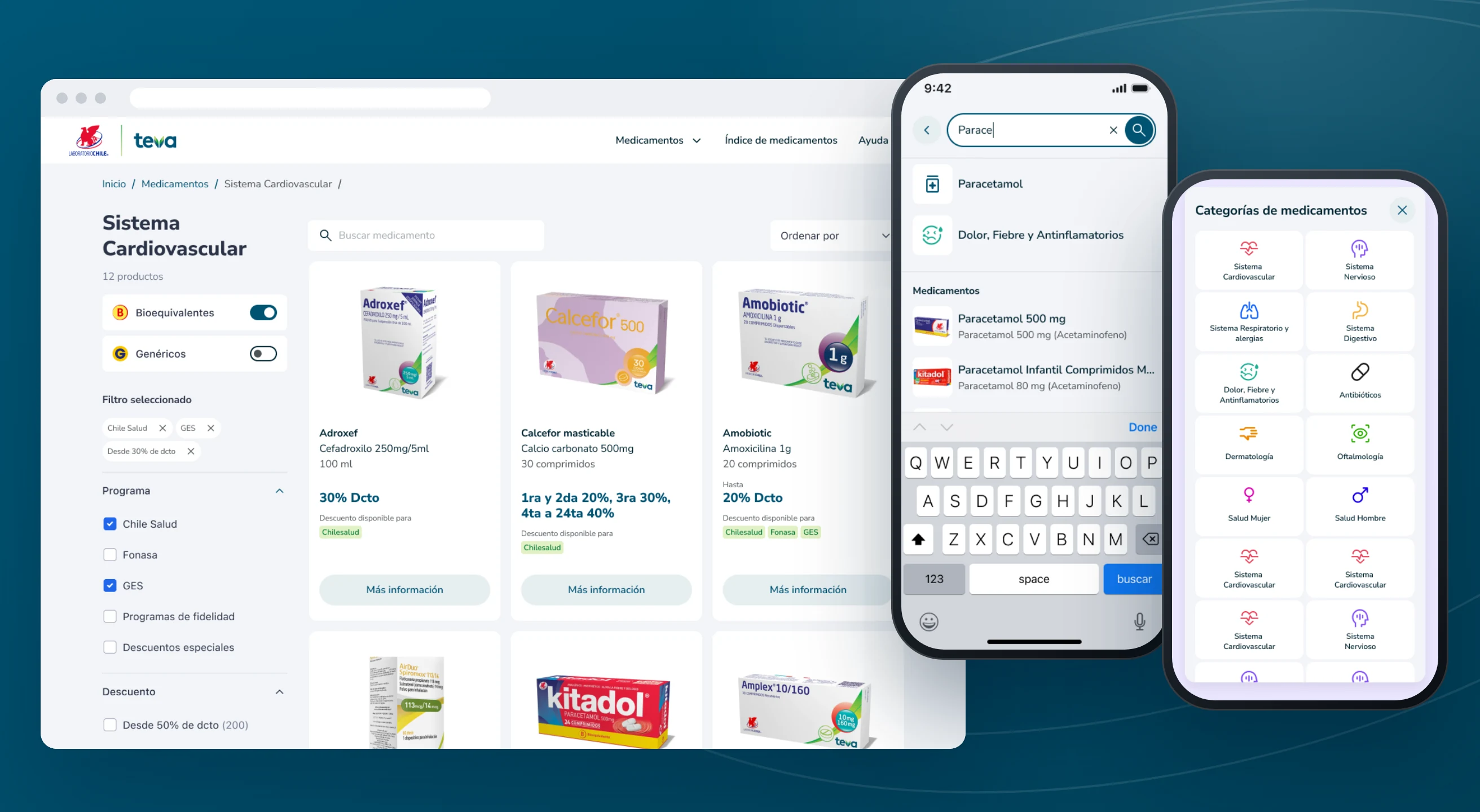 A filtered medication listing on desktop, and the mobile search and category screens